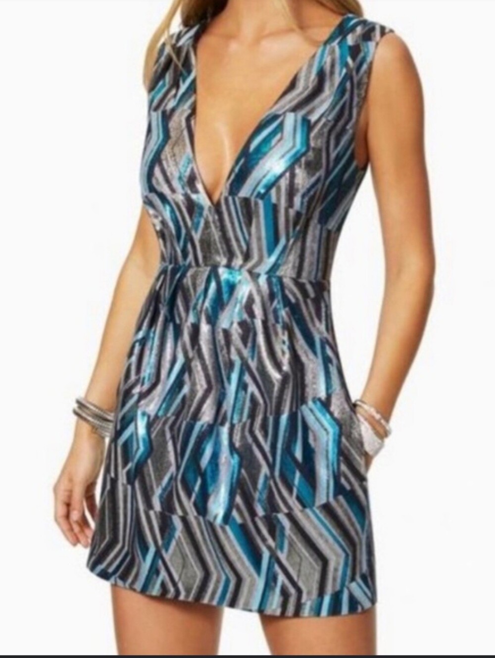 Ramy Brook Briella Teal and Gray Geometric V-Neck Mini Dress Size 8 NWT $395